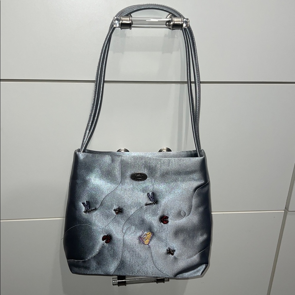 Steve Madden Vintage 2000s Silver Satin Insect Embroidered Shoulder/ Handbag. - Picture 4 of 12